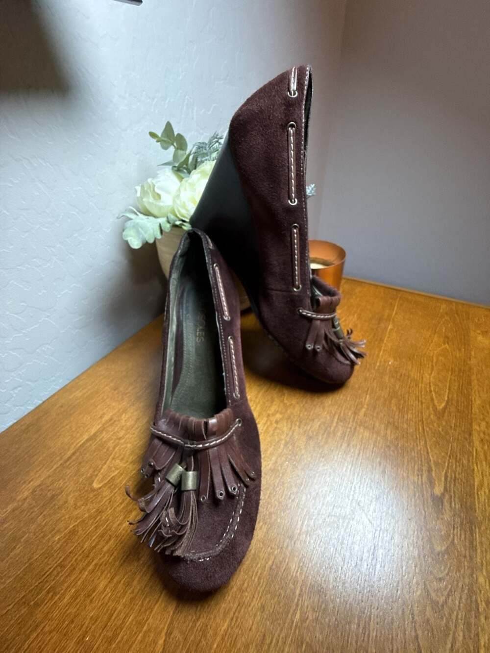 Aerosoles Wedge Shoes Size 7.5 Brown Suede Tassel Loafer